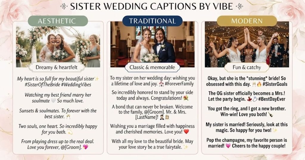 Sister Wedding Captions by Vibe (Aesthetic vs Traditional vs Modern)